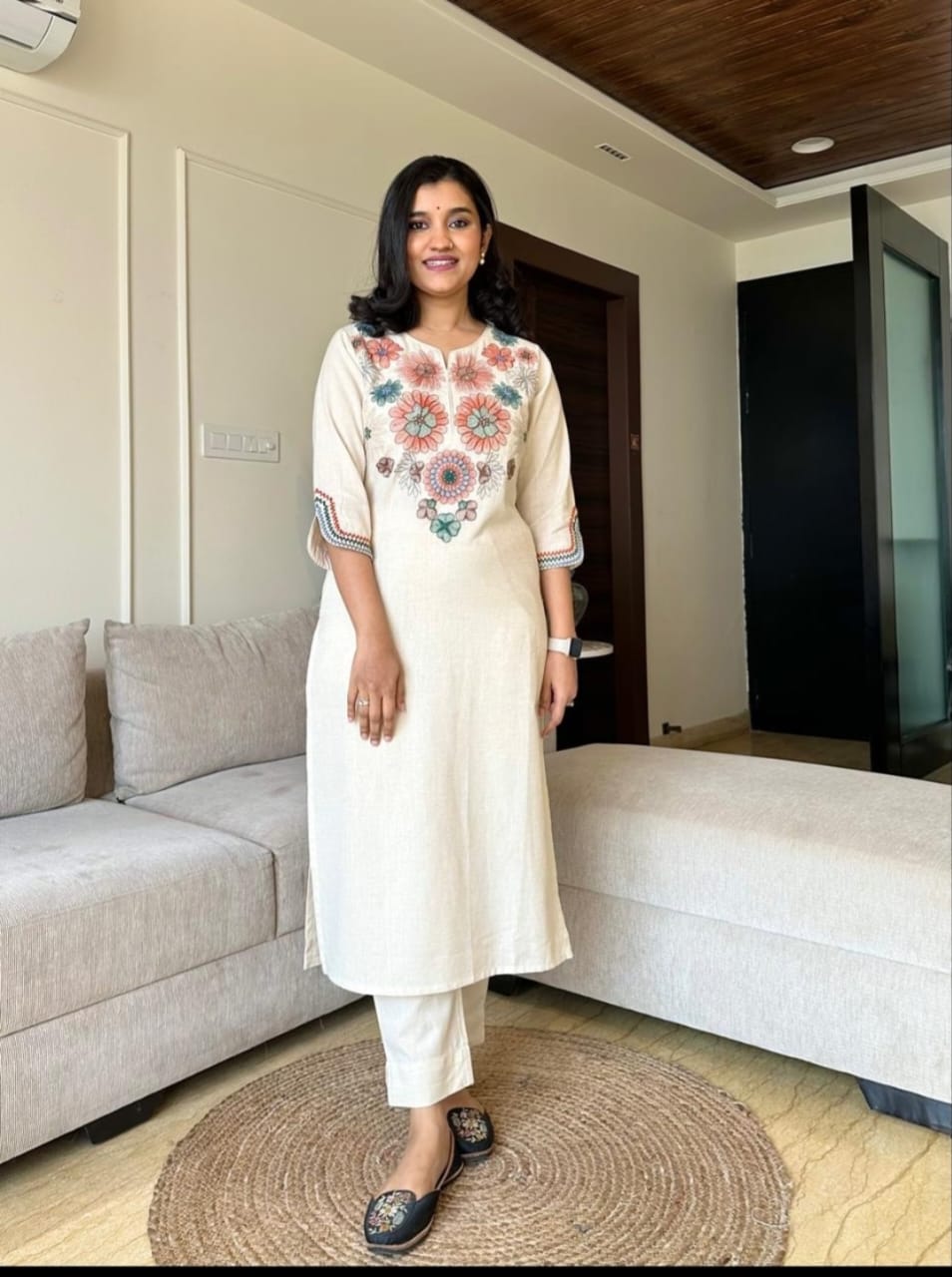 Off White Embroidered Cotton Flex Kurta And Pant Set