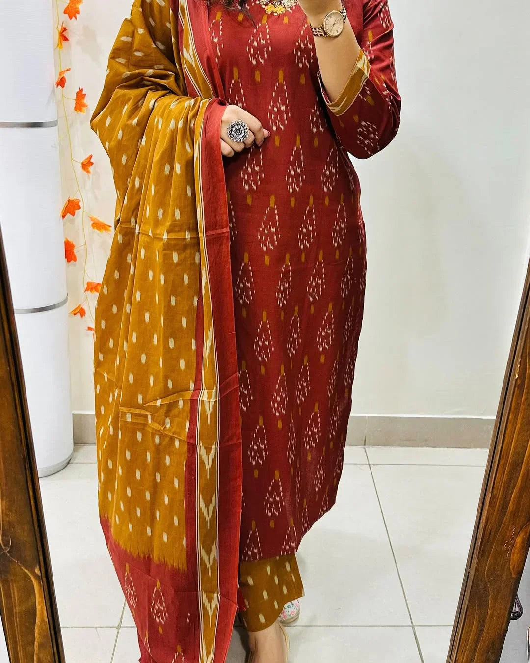 BlBA Premium Ajrak Cotton Suit Set – Maroon & Mustard Ikat Print | Kurti, Pant & Dupatta