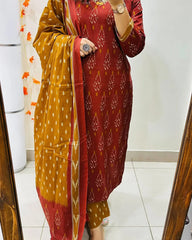 Biba Ikkat Print With Kurti Pant & Dupatta Set For Women