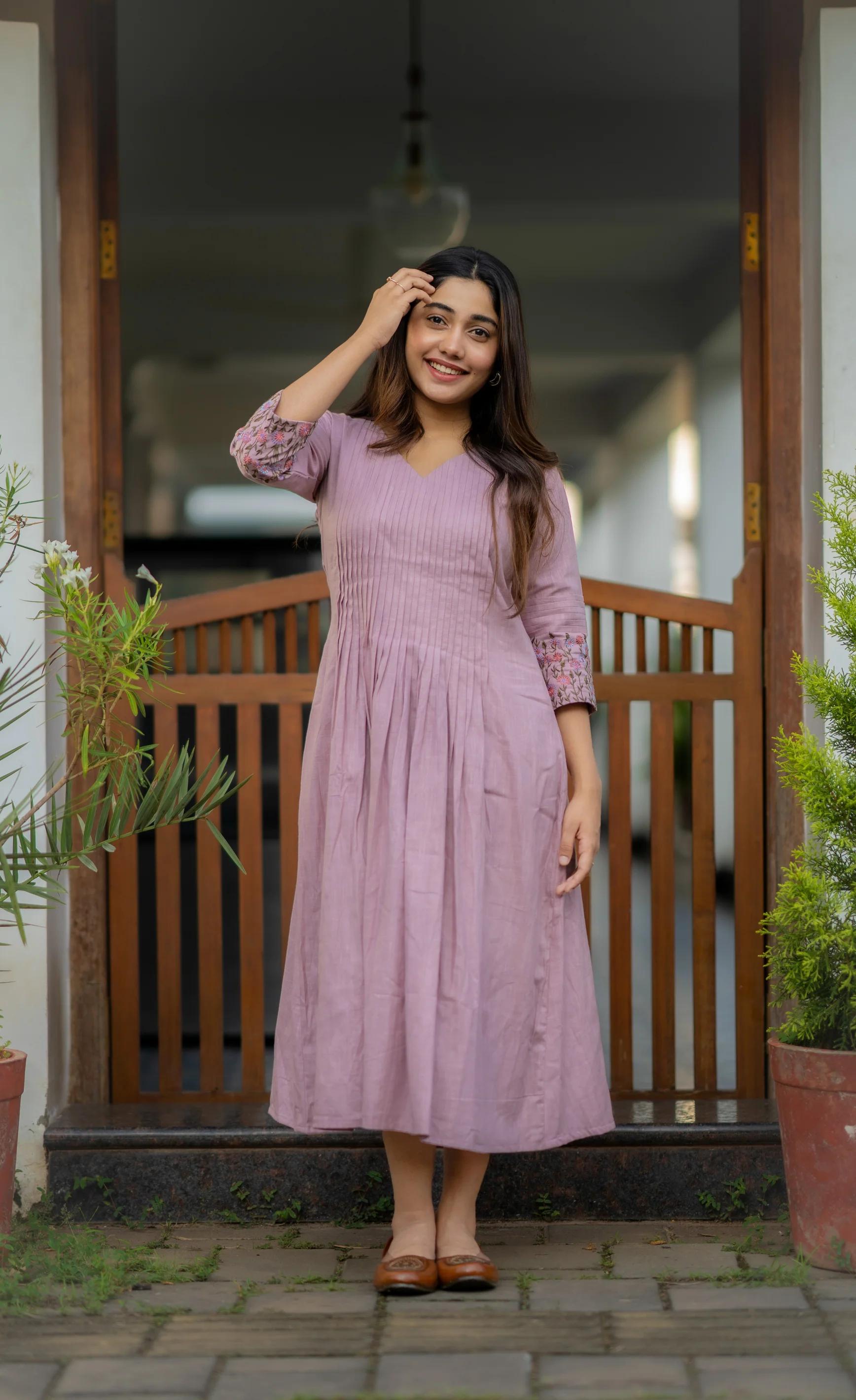 Biba Dusty Lavender Embroidered Printx Work Cotton Anarkali Gown