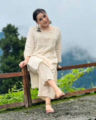 Biba Off White Embroidered Cotton Kurta And Pant Set