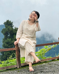 Biba Off White Embroidered Cotton Kurta And Pant Set