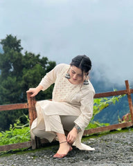 Biba Off White Embroidered Cotton Kurta And Pant Set