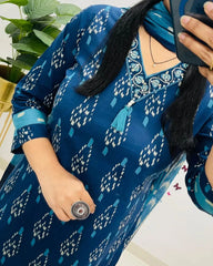 Biba Ikkat Print With Kurti Pant & Dupatta Set For Women( Blue )