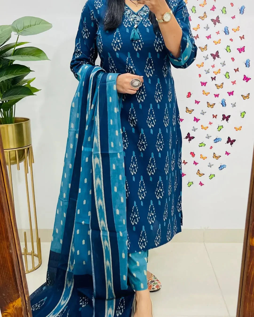 Biba Ikkat Print With Kurti Pant & Dupatta Set For Women( Blue )