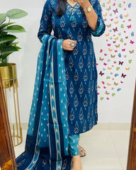 Biba Ikkat Print With Kurti Pant & Dupatta Set For Women( Blue )