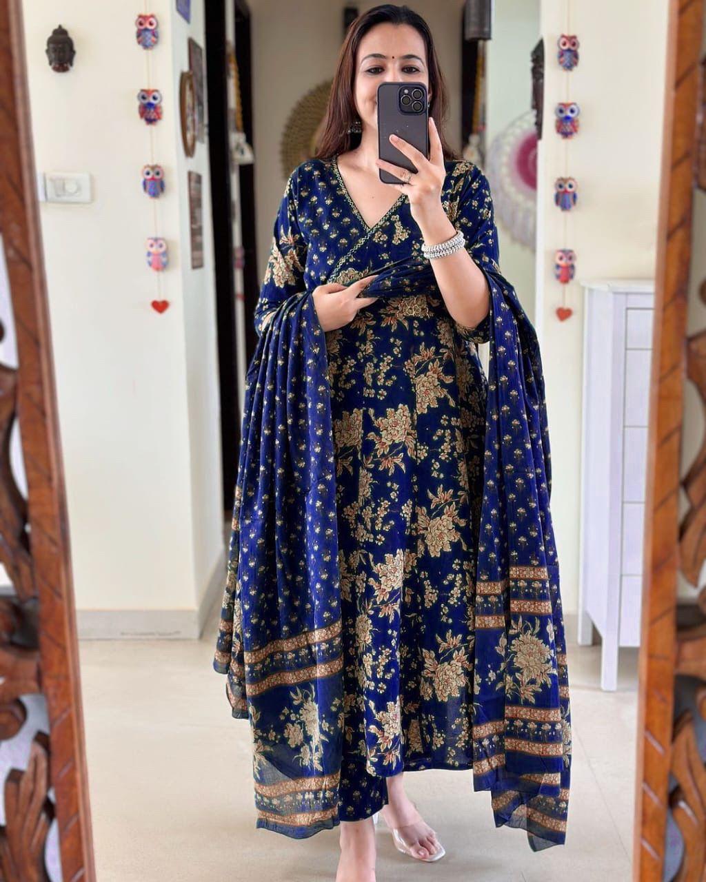 Biba Anarkali Kurta Set With Angrakha Style For Women( Blue )