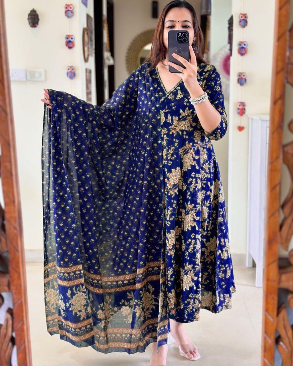 Biba Anarkali Kurta Set With Angrakha Style For Women( Blue )