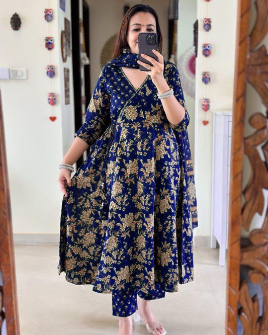 Biba Anarkali Kurta Set With Angrakha Style For Women( Blue )