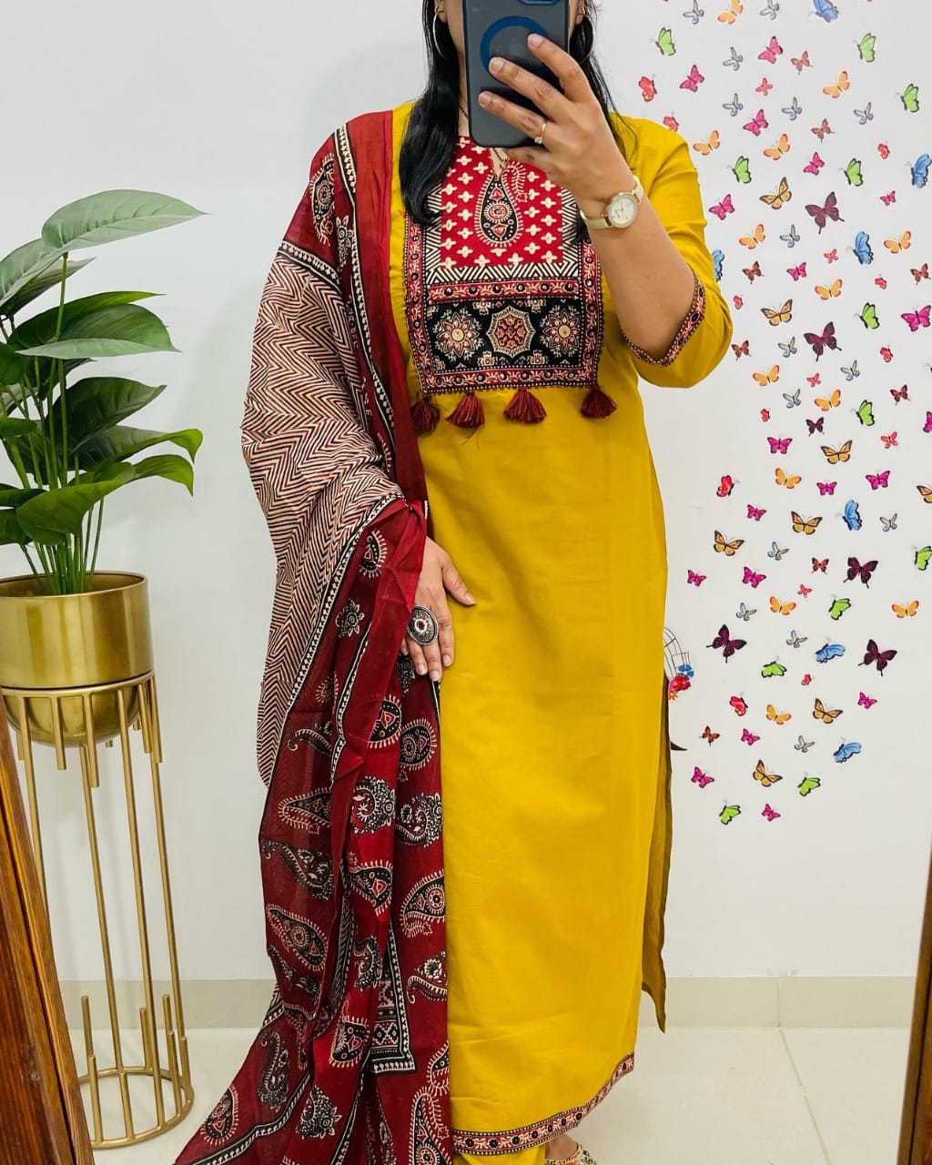 Biba Traditional Mustard Yellow Kurta Set With Ajrak Dupatta
