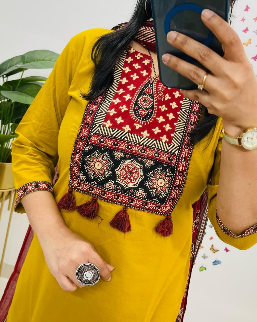 Charming Mustard Yellow Kurta Set With Ajrak Dupatta