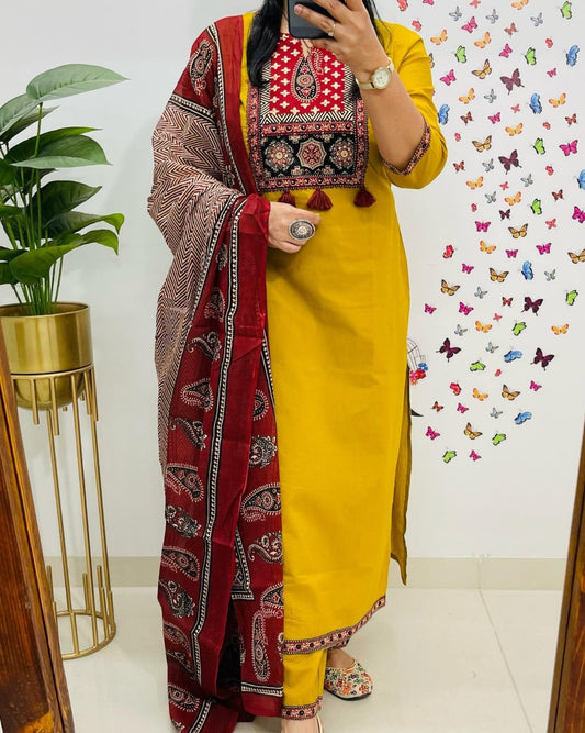 Biba Traditional Mustard Yellow Kurta Set With Ajrak Dupatta