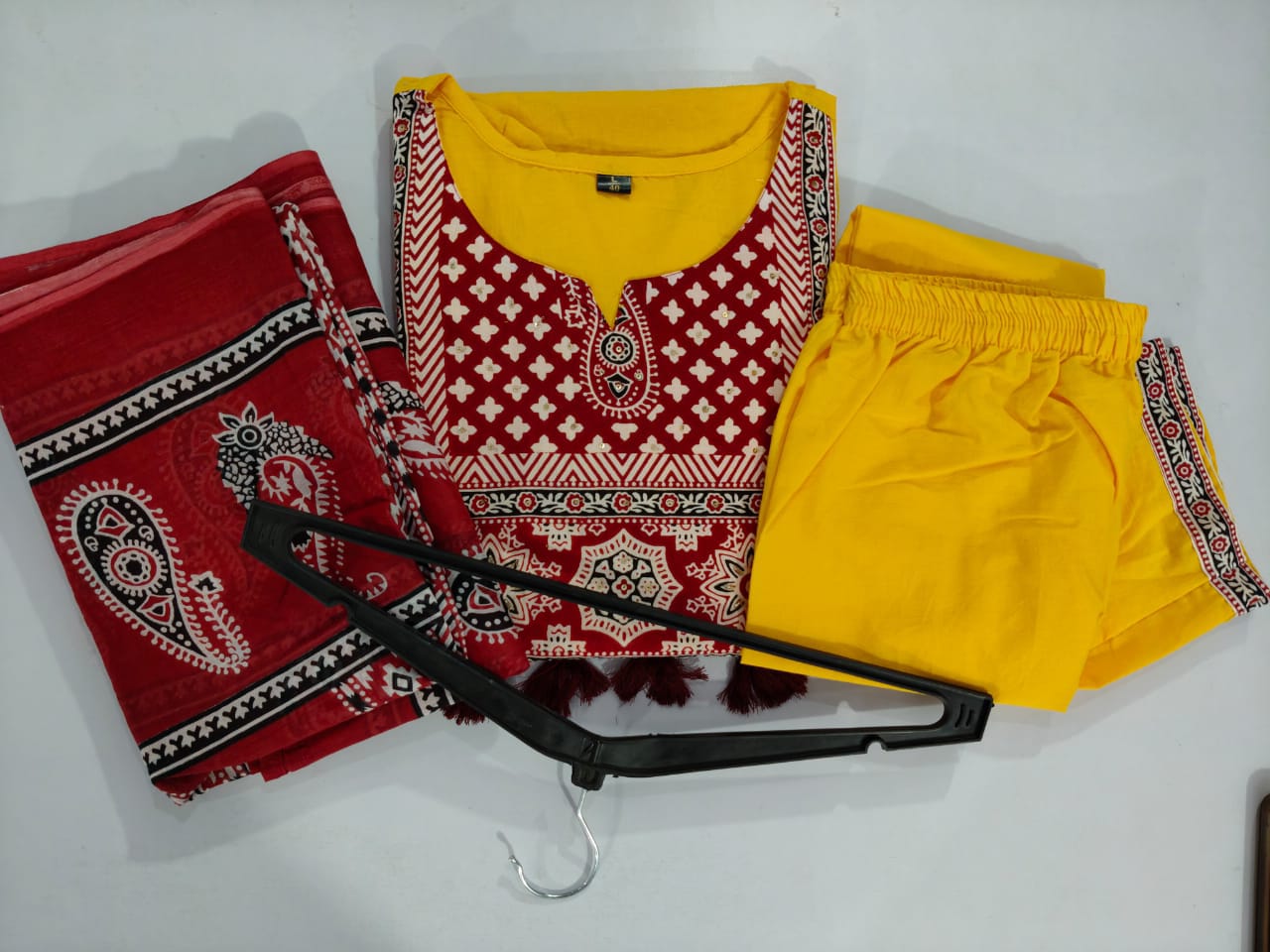 Biba Traditional Mustard Yellow Kurta Set With Ajrak Dupatta