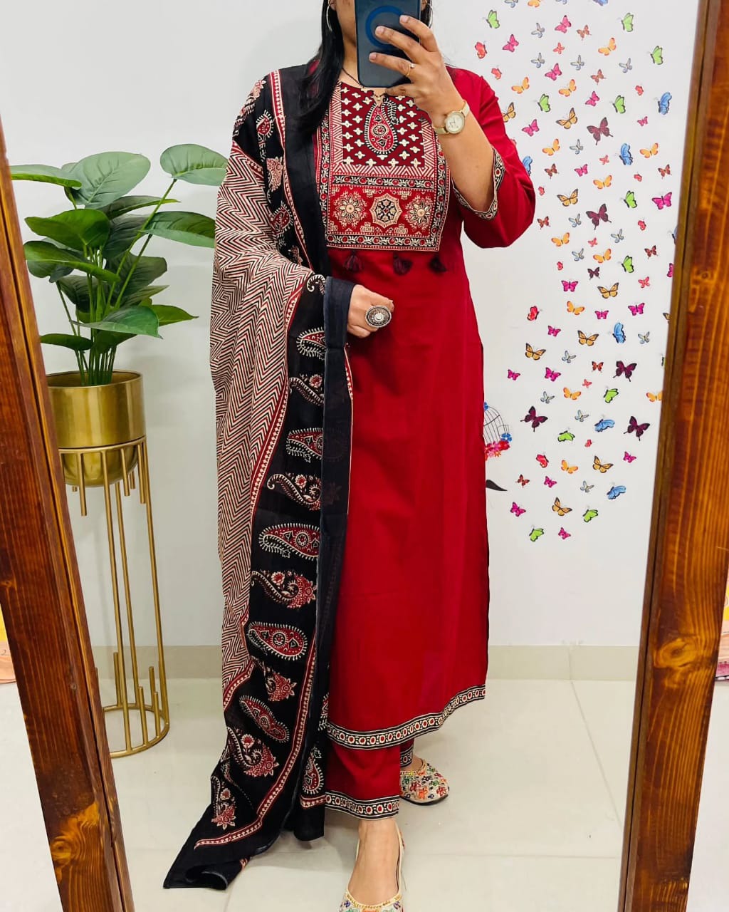 Biba Traditional Red Kurta Set With Ajrak Dupatta