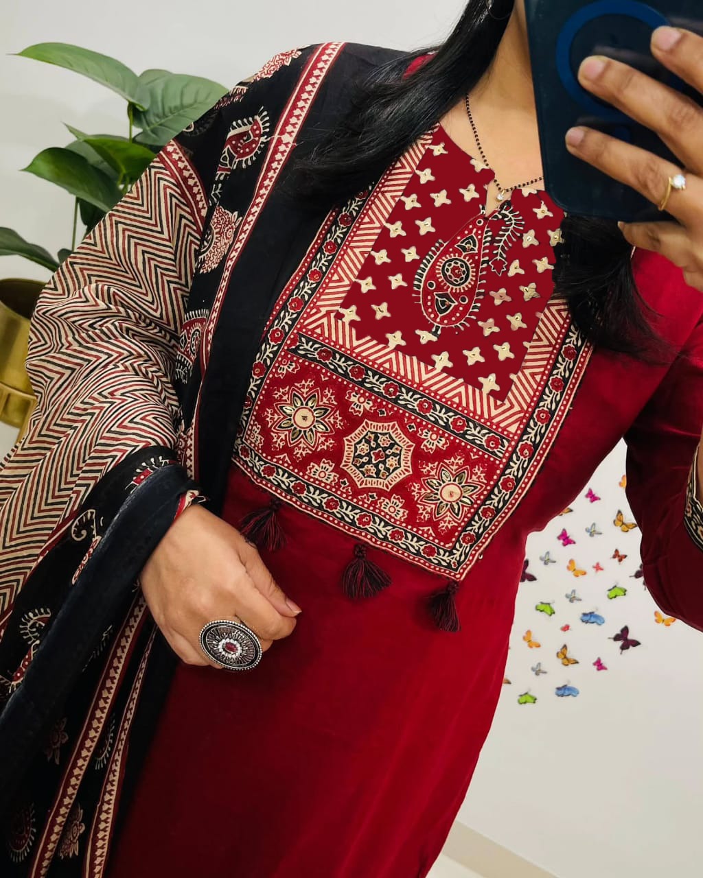 Biba Traditional Red Kurta Set With Ajrak Dupatta