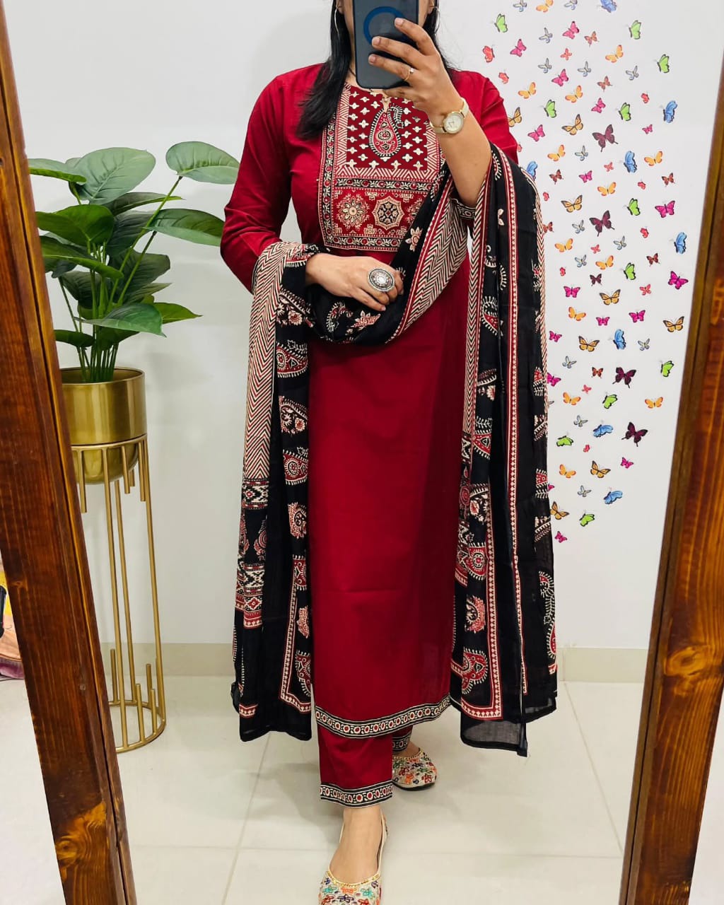 Biba Traditional Red Kurta Set With Ajrak Dupatta