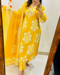 Biba Radiant Yellow Ethnic Ensemble With White Floral Embroidery