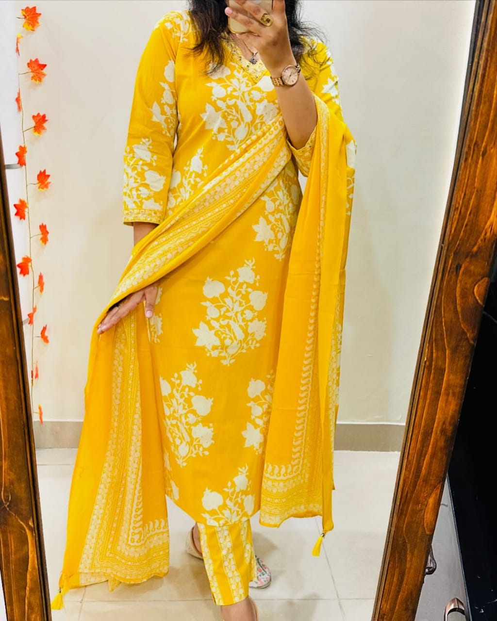Biba Radiant Yellow Ethnic Ensemble With White Floral Embroidery
