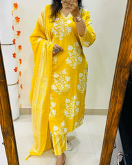 Biba Radiant Yellow Ethnic Ensemble With White Floral Embroidery