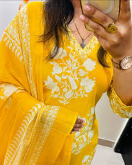 Biba Radiant Yellow Ethnic Ensemble With White Floral Embroidery