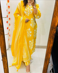 Biba Radiant Yellow Ethnic Ensemble With White Floral Embroidery