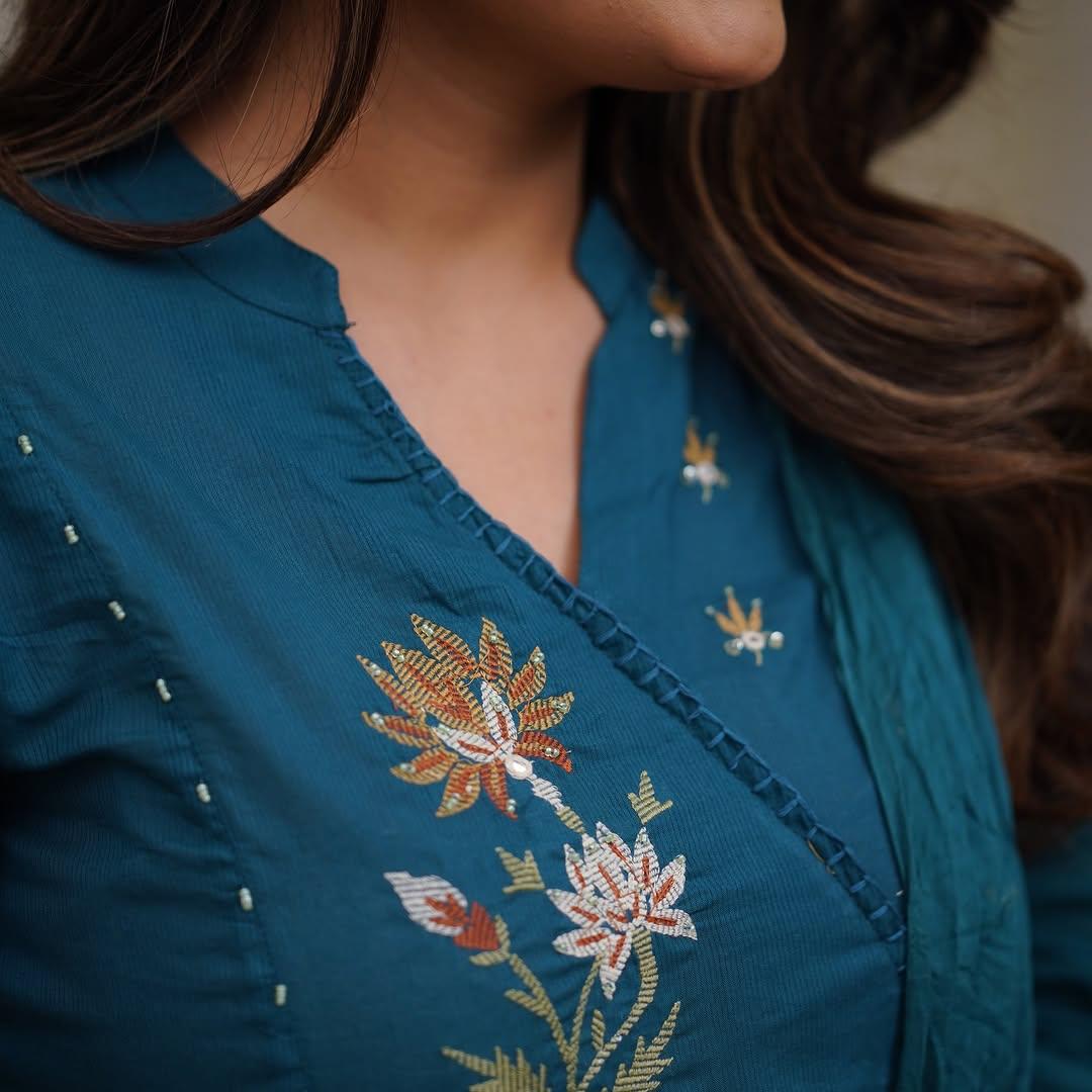 Biba Elegant Teal Embroidered Kurta Set With Dupatta