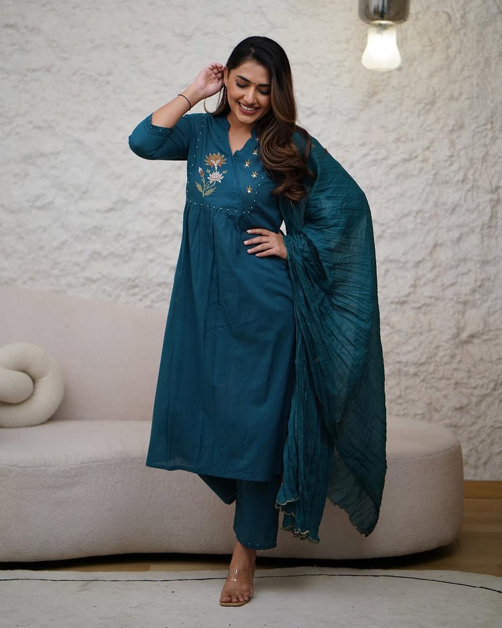 Biba Elegant Teal Embroidered Kurta Set With Dupatta
