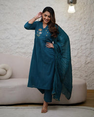 Biba Elegant Teal Embroidered Kurta Set With Dupatta