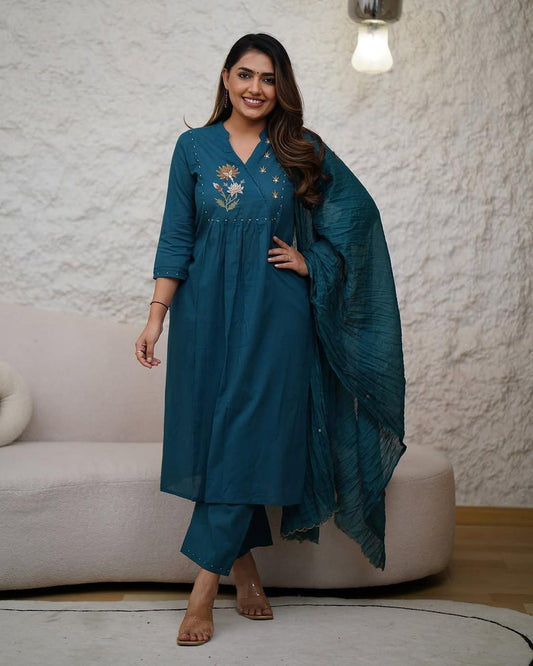 Biba Elegant Teal Embroidered Kurta Set With Dupatta