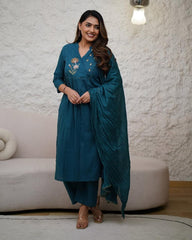 Biba Elegant Teal Embroidered Kurta Set With Dupatta
