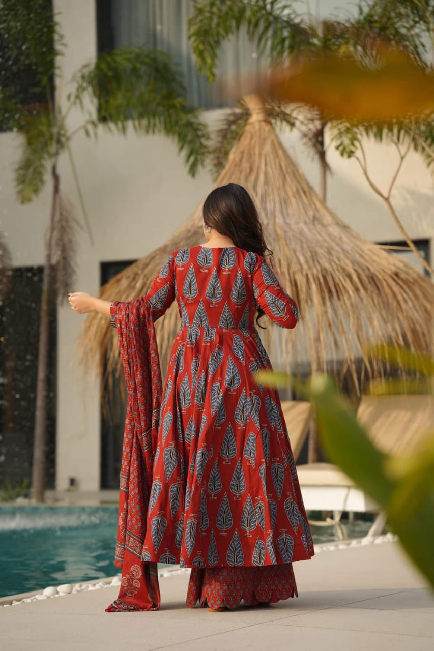 Biba Graceful Maroon Ethnic Set With Blue Leaf Block Print