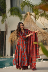 Biba Graceful Maroon Ethnic Set With Blue Leaf Block Print
