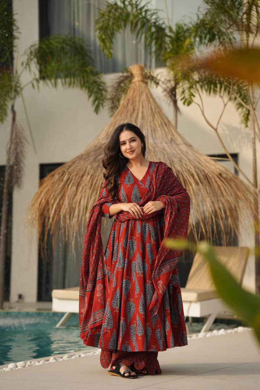 Biba Graceful Maroon Ethnic Set With Blue Leaf Block Print