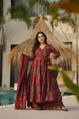 Biba Graceful Maroon Ethnic Set With Blue Leaf Block Print