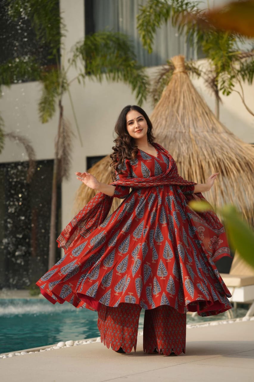 Biba Graceful Maroon Ethnic Set With Blue Leaf Block Print