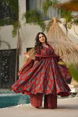 Biba Graceful Maroon Ethnic Set With Blue Leaf Block Print