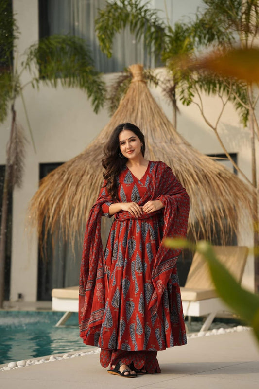 Biba Graceful Maroon Ethnic Set With Blue Leaf Block Print