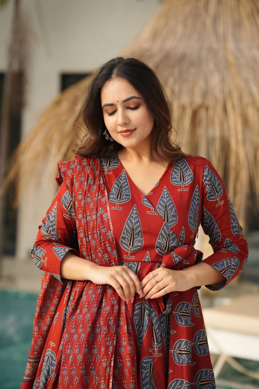Biba Graceful Maroon Ethnic Set With Blue Leaf Block Print