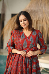 Biba Graceful Maroon Ethnic Set With Blue Leaf Block Print