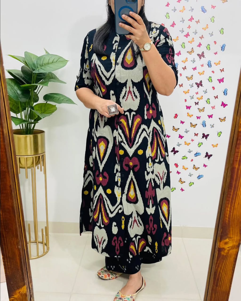 Biba Contemporary Ikat-Printed Black Cotton Kurta Set