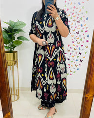 Biba Contemporary Ikat-Printed Black Cotton Kurta Set