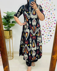 Biba Contemporary Ikat-Printed Black Cotton Kurta Set
