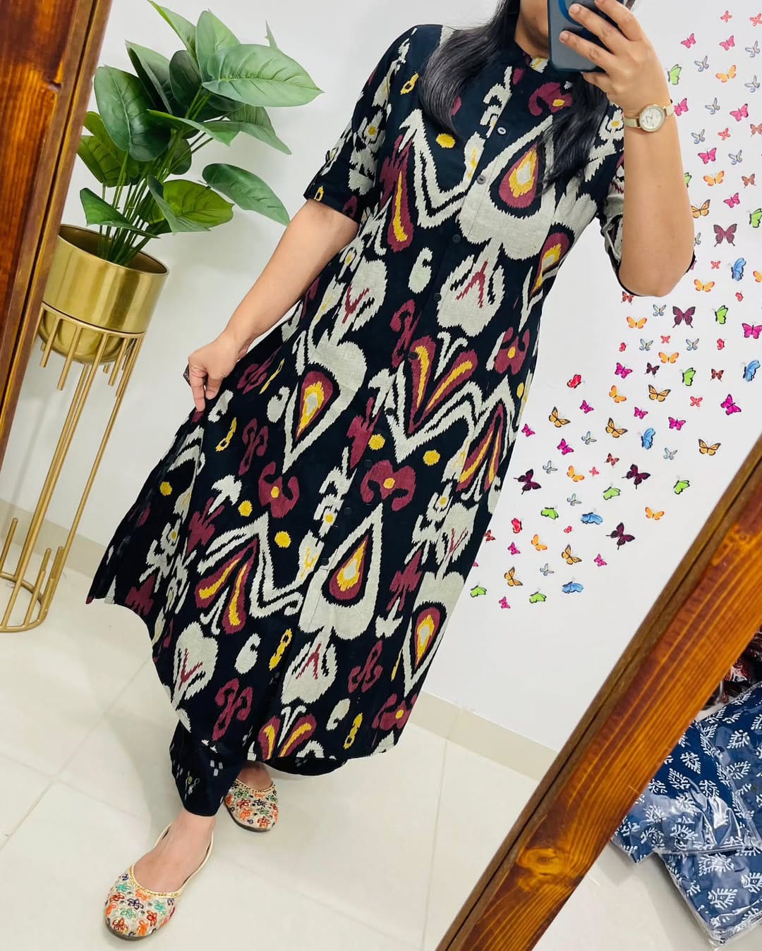 Biba Contemporary Ikat-Printed Black Cotton Kurta Set