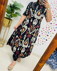 Biba Contemporary Ikat-Printed Black Cotton Kurta Set