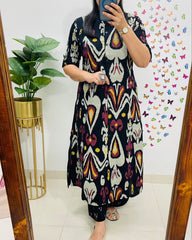 Biba Contemporary Ikat-Printed Black Cotton Kurta Set