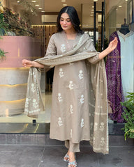 Biba Elegant Taupe Floral Embroidered Cotton Suit Set