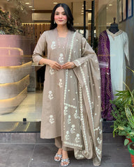 Biba Elegant Taupe Floral Embroidered Cotton Suit Set