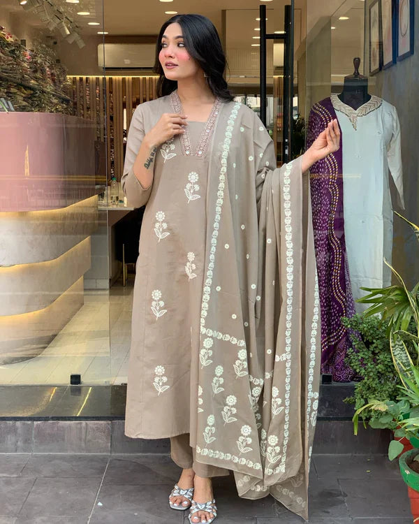 Biba Elegant Taupe Floral Embroidered Cotton Suit Set