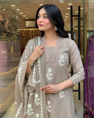Biba Elegant Taupe Floral Embroidered Cotton Suit Set
