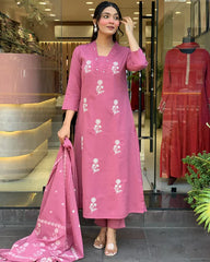 Biba Charming Rose Pink Floral Embroidered Cotton Suit Set